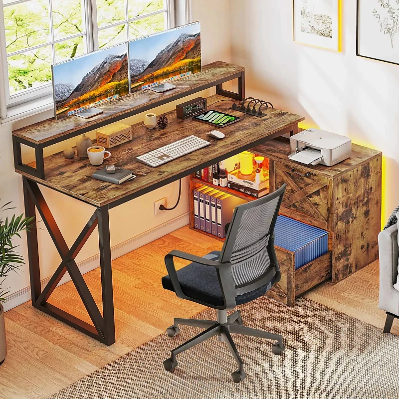 55” L-Shaped Music Production Desk – Built-In Power, LED Sync Lights & File Storage