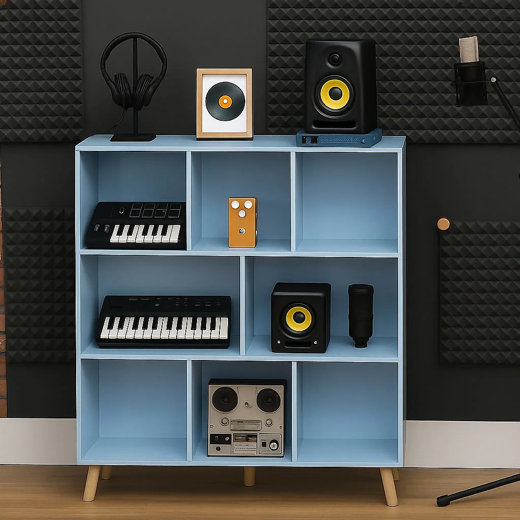 8-Cube Modern Storage Bookcase – Blue Floor Standing Organizer for Vinyl, Studio Gear & Music Room Decor
